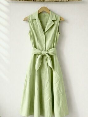 J. Peterman Sleeveless Pistachio Midi Shirt Dress with Pockets, Waist Tie Size 8
